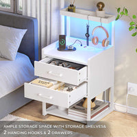 Sikaic Nightstands LED Nightstand with Charging Station Drawers Storage Shelves White