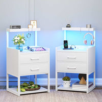 Sikaic Nightstands LED Nightstand with Charging Station Drawers Storage Shelves White