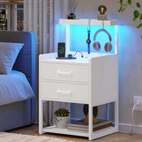 Sikaic Nightstands LED Nightstand with Charging Station Drawers Storage Shelves White