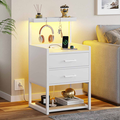 Sikaic Nightstands LED Nightstand with Charging Station Drawers Storage Shelves White