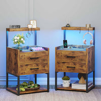 Sikaic Nightstands LED Nightstand with Charging Station Drawers Storage Shelves Brown