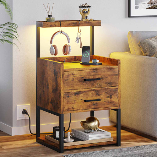 Sikaic Nightstands LED Nightstand with Charging Station Drawers Storage Shelves Brown