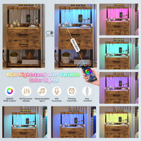 Sikaic Nightstands LED Nightstand with Charging Station Drawers Storage Shelves Brown