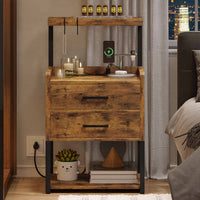 Sikaic Nightstands LED Nightstand with Charging Station Drawers Storage Shelves Brown