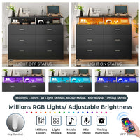 Sikaic Dresser 6 Drawers Led Wide Dresser with Column Design & Charging Station Black