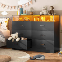 Sikaic Dresser 6 Drawers Led Wide Dresser with Column Design & Charging Station Black