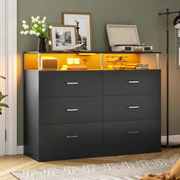 Sikaic Dresser 6 Drawers Led Wide Dresser with Column Design & Charging Station Black