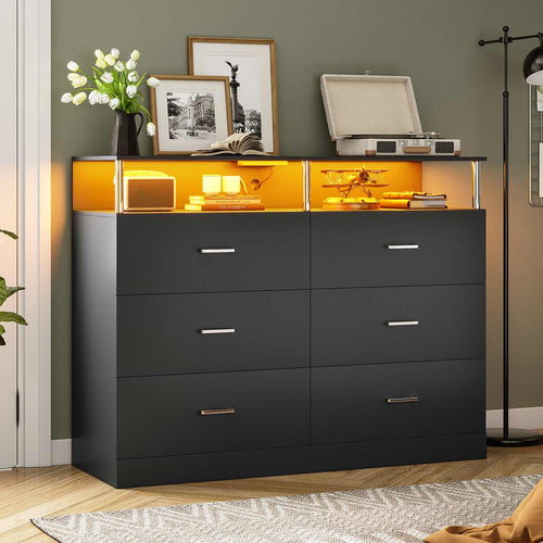 Sikaic Dresser 6 Drawers Led Wide Dresser with Column Design & Charging Station Black