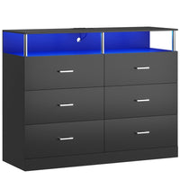 Sikaic Dresser 6 Drawers Led Wide Dresser with Column Design & Charging Station Black
