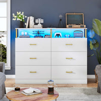 Sikaic Dresser 6 Drawers Led Wide Dresser with Column Design & Charging Station White