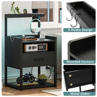 Sikaic Nightstand LED Nightstand with Charging Station & Shelf Black