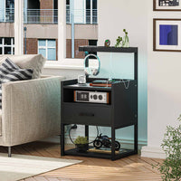 Sikaic Nightstand LED Nightstand with Charging Station & Shelf Black