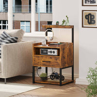Sikaic Nightstand LED Nightstand with Charging Station & Shelf Brown
