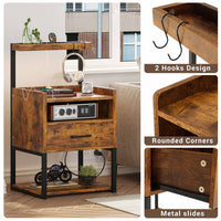 Sikaic Nightstand LED Nightstand with Charging Station & Shelf Brown
