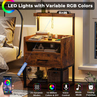 Sikaic Nightstand LED Nightstand with Charging Station & Shelf Brown