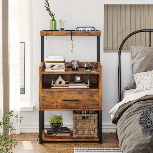 Sikaic Nightstand LED Nightstand with Charging Station & Shelf Brown