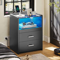 Sikaic Nightstand LED Nightstand with Charging Station Drawers Black
