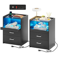 Sikaic Nightstand LED Nightstand with Charging Station Drawers Black