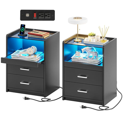 Sikaic Nightstand LED Nightstand with Charging Station Drawers Black