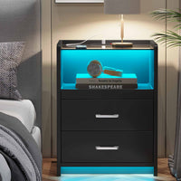 Sikaic Nightstand LED Nightstand with Charging Station Drawers Black