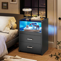 Sikaic Nightstand LED Nightstand with Charging Station Drawers Black