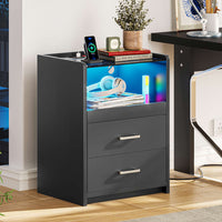 Sikaic Nightstand LED Nightstand with Charging Station Drawers Black