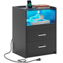 Sikaic Nightstand LED Nightstand with Charging Station Drawers Black