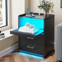 Sikaic Nightstand LED Nightstand with Charging Station Drawers Black
