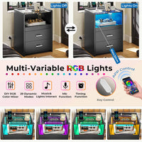 Sikaic Nightstand LED Nightstand with Charging Station Drawers Black