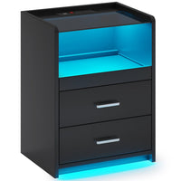 Sikaic Nightstand LED Nightstand with Charging Station Drawers Black