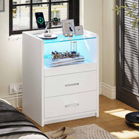 Sikaic Nightstand LED Nightstand with Charging Station Drawers White