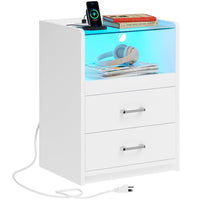 Sikaic Nightstand LED Nightstand with Charging Station Drawers White