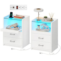 Sikaic Nightstand LED Nightstand with Charging Station Drawers White