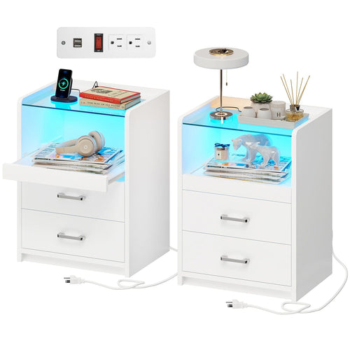 Sikaic Nightstand LED Nightstand with Charging Station Drawers White