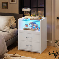 Sikaic Nightstand LED Nightstand with Charging Station Drawers White