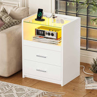 Sikaic Nightstand LED Nightstand with Charging Station Drawers White