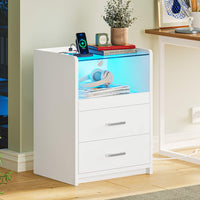 Sikaic Nightstand LED Nightstand with Charging Station Drawers White