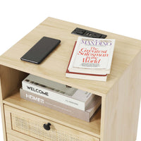 Sikaic Nightstand Rattan LED Nightstand with Charging Station Boho Bedside Table with 2 Drawers Natural