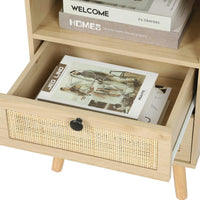 Sikaic Nightstand Rattan LED Nightstand with Charging Station Boho Bedside Table with 2 Drawers Natural