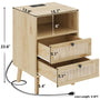 Sikaic Nightstand Rattan LED Nightstand with Charging Station Boho Bedside Table with 2 Drawers Natural