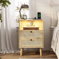 Sikaic Nightstand Rattan LED Nightstand with Charging Station Boho Bedside Table with 2 Drawers Natural