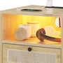 Sikaic Nightstand Rattan LED Nightstand with Charging Station Boho Bedside Table with 2 Drawers Natural