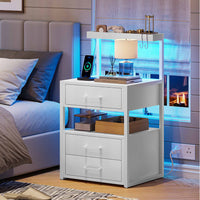 Sikaic Nightstand LED Nightstand with Charging Station 3 Drawers White