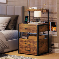 Sikaic Nightstand LED Nightstand with Charging Station 3 Drawers Brown