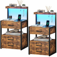 Sikaic Nightstand LED Nightstand with Charging Station 3 Drawers Brown