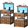 Sikaic Nightstand LED Nightstand with Charging Station 3 Drawers Brown