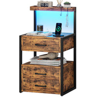 Sikaic Nightstand LED Nightstand with Charging Station 3 Drawers Brown