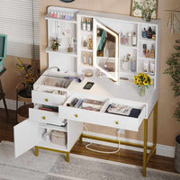 Sikaic Makeup Vanity LED Makeup Vanity Desk with Mirror Charging Station Hidden and Open Storage Shelves White