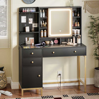 Sikaic Makeup Vanity LED Makeup Vanity Desk with Mirror Charging Station Hidden and Open Storage Shelves Black