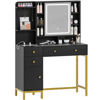 Sikaic Makeup Vanity LED Makeup Vanity Desk with Mirror Charging Station Hidden and Open Storage Shelves Black